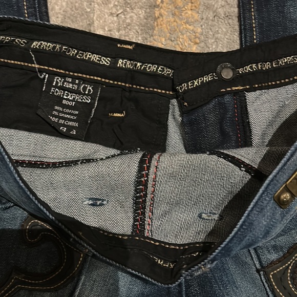 REROCK FOR EXPRESS Dark Blue Boot Cut Distressed Button Flap Pocket Jeans 8 - Picture 5 of 6